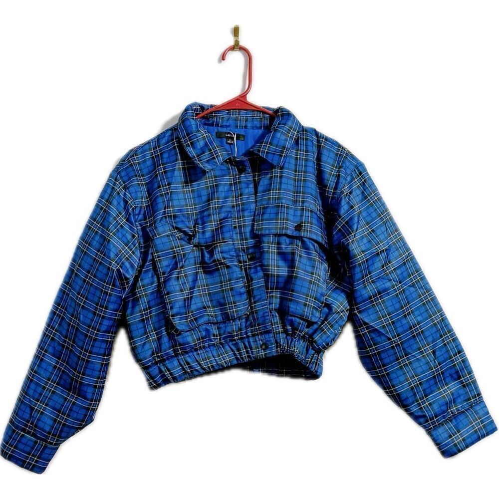 Labijou Cropped Blue Plaid Puffer Jacket – Size M – Street Style Outerwear